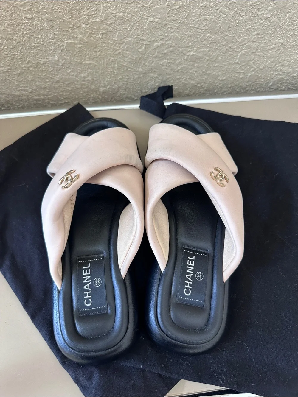 CHANEL Pink Crossband Slide Sandals with Gold CC
